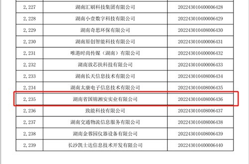 國錦湘安公司入庫國家科技型企業(yè)名單